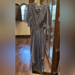 Maje Blue and Black Geometric Midi Dress